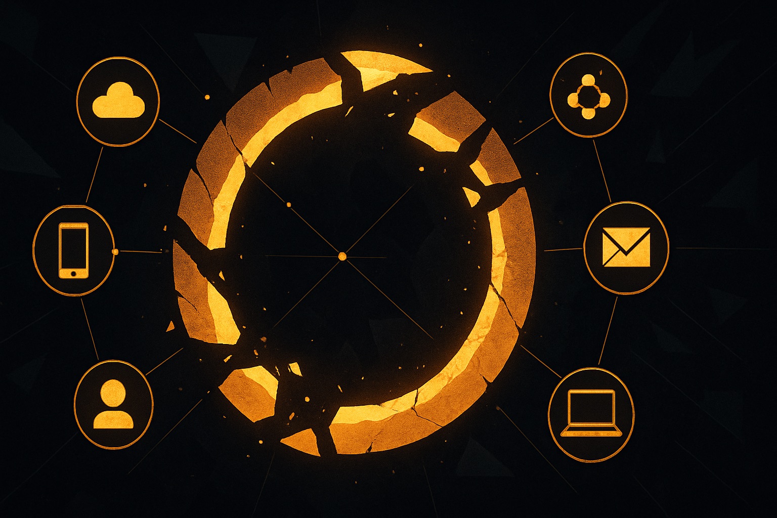 Abstract glowing gold ring with orbiting device icons representing multi-client support