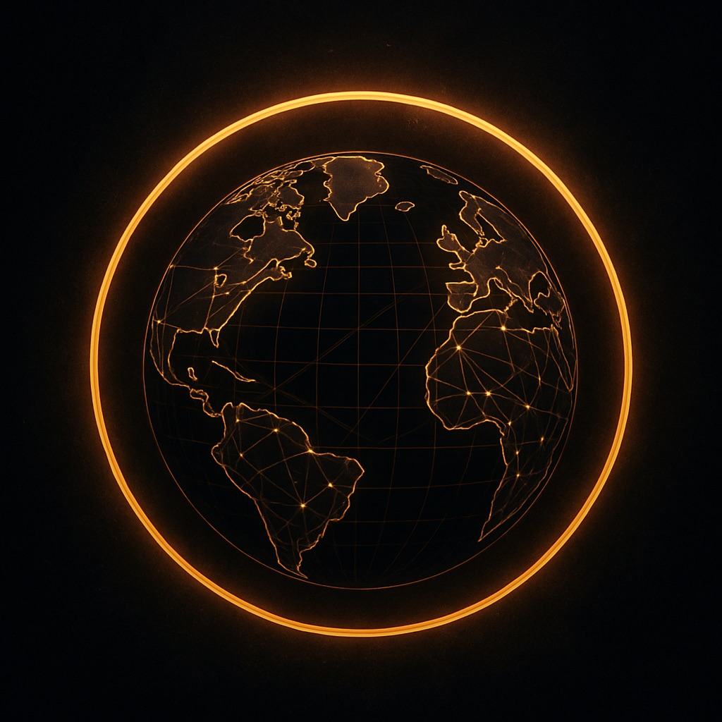 Abstract glowing gold ring around a globe representing global VPN node coverage
